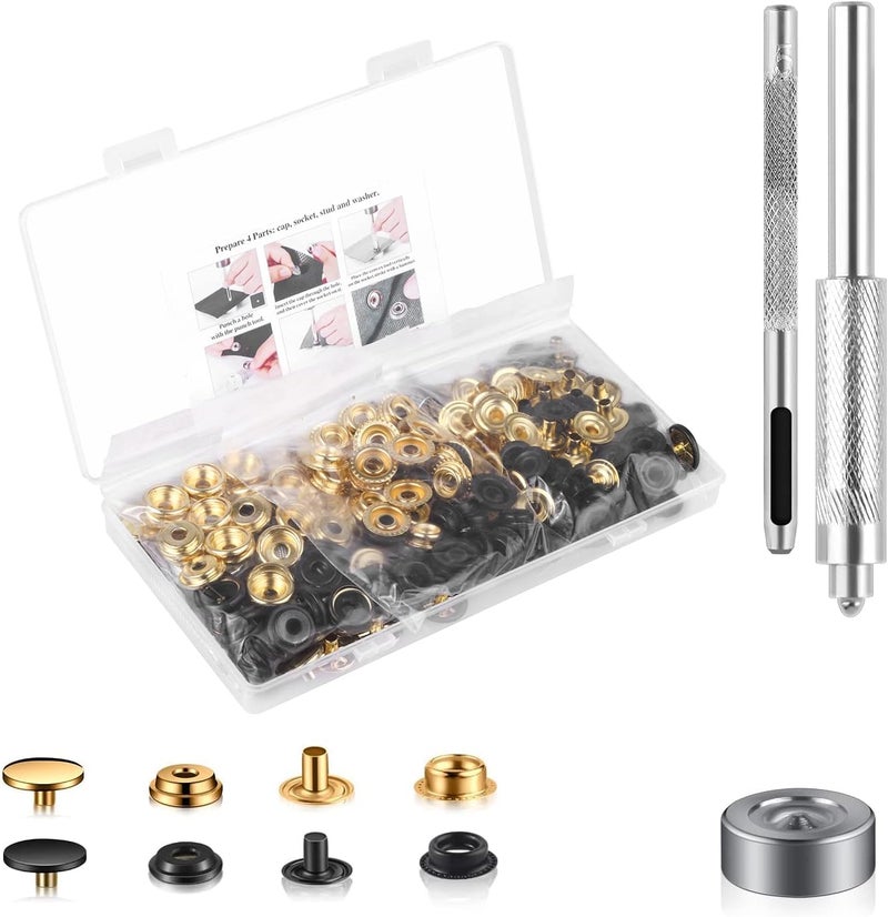 Moocci 200 Pcs (50 Sets) 5/8 inch (15mm) Leather Snap Fastener Kit Tool Snaps for Leather Stainless Snap Buttons for Bag, Jeans, Clothes, Fabric (Gold+Black) - Image 1